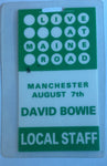 David Bowie Staff back stage pass maine road Vintage Stage Passe