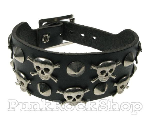 Various Punk Wristband 2 Row Black Skull and Conical Leather Wristband